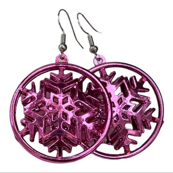 Jewelry - Snowflake Dangle Earrings Hot Pink